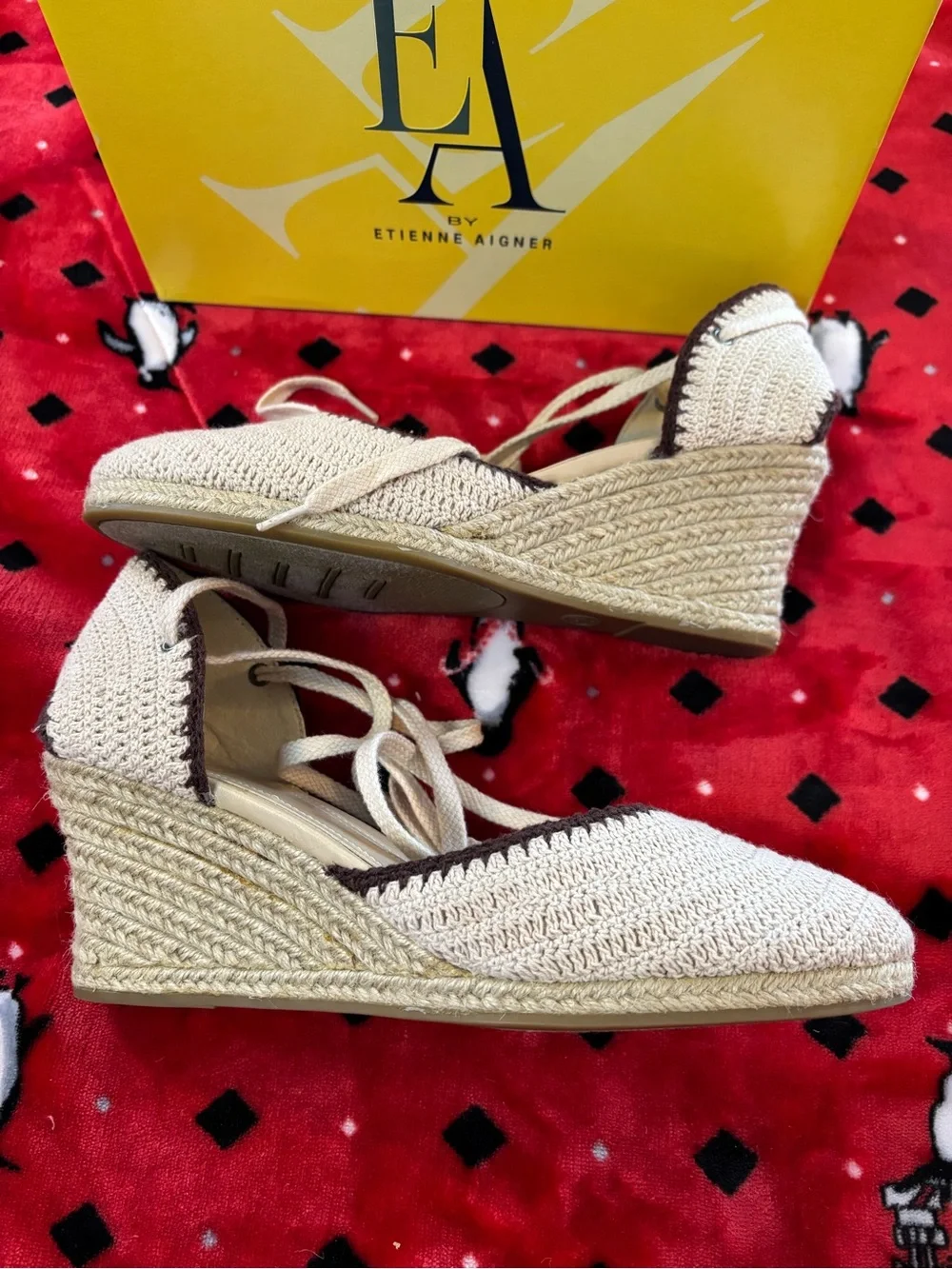 Espadrille Crochet Tie-Front Slingback Wedge Heels in Cream and Brown
